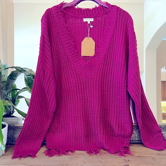 Sweaters - Off Shoulder Distressed V Neck Sweater Magenta Pink